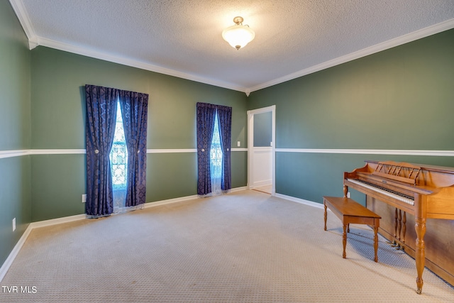 interior space featuring carpet flooring, a textured ceiling, and ornamental molding