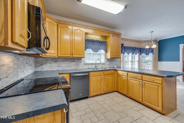 kitchen featuring stainless steel dishwasher, light tile patterned floors, sink, kitchen peninsula, and crown molding