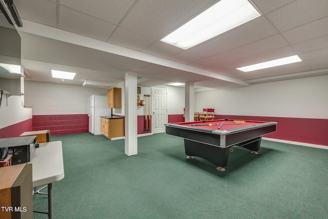 rec room featuring pool table, dark colored carpet, and a paneled ceiling