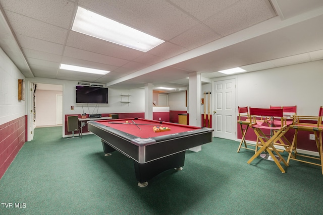 recreation room featuring carpet flooring, billiards, and a drop ceiling