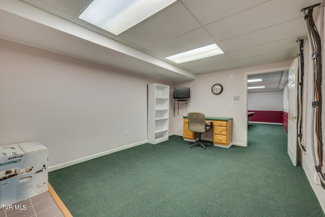 basement with carpet and a paneled ceiling