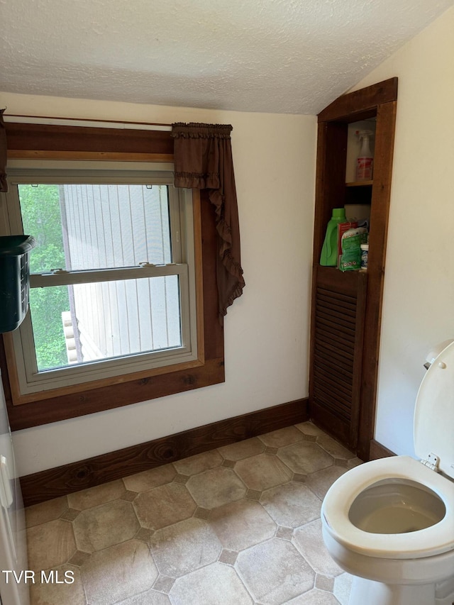 bathroom with toilet, a textured ceiling, and vaulted ceiling