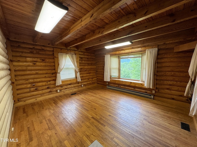 spare room with rustic walls, wood ceiling, a baseboard heating unit, wood-type flooring, and beamed ceiling