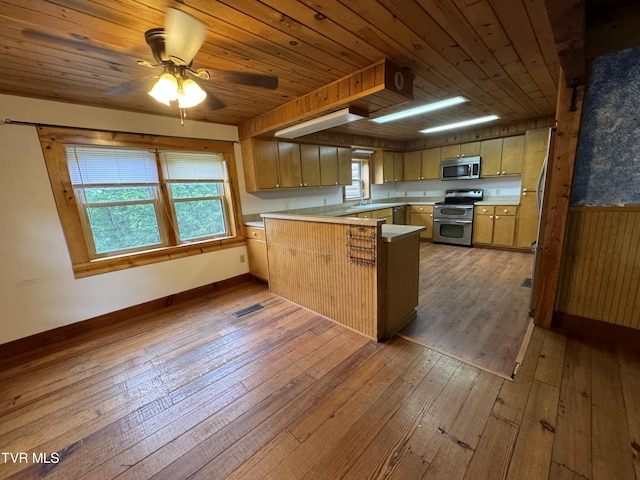 kitchen featuring ceiling fan, dark hardwood / wood-style floors, kitchen peninsula, wooden walls, and appliances with stainless steel finishes