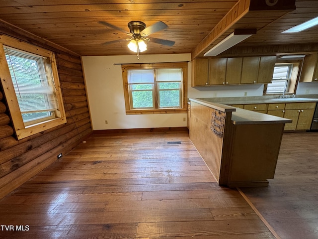 kitchen featuring kitchen peninsula, light wood-type flooring, rustic walls, wood ceiling, and ceiling fan