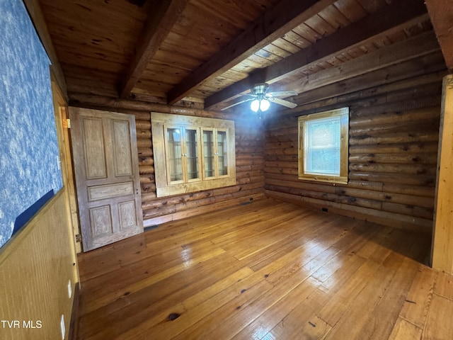 interior space with beam ceiling, ceiling fan, wood ceiling, and hardwood / wood-style flooring