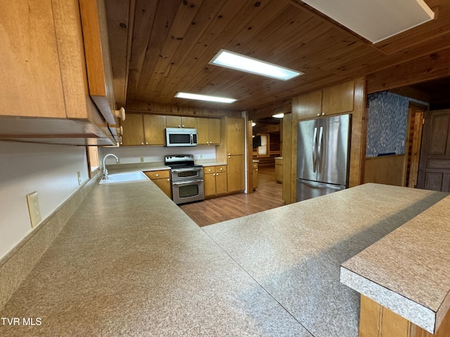 kitchen with sink, light wood-type flooring, stainless steel appliances, and wooden ceiling