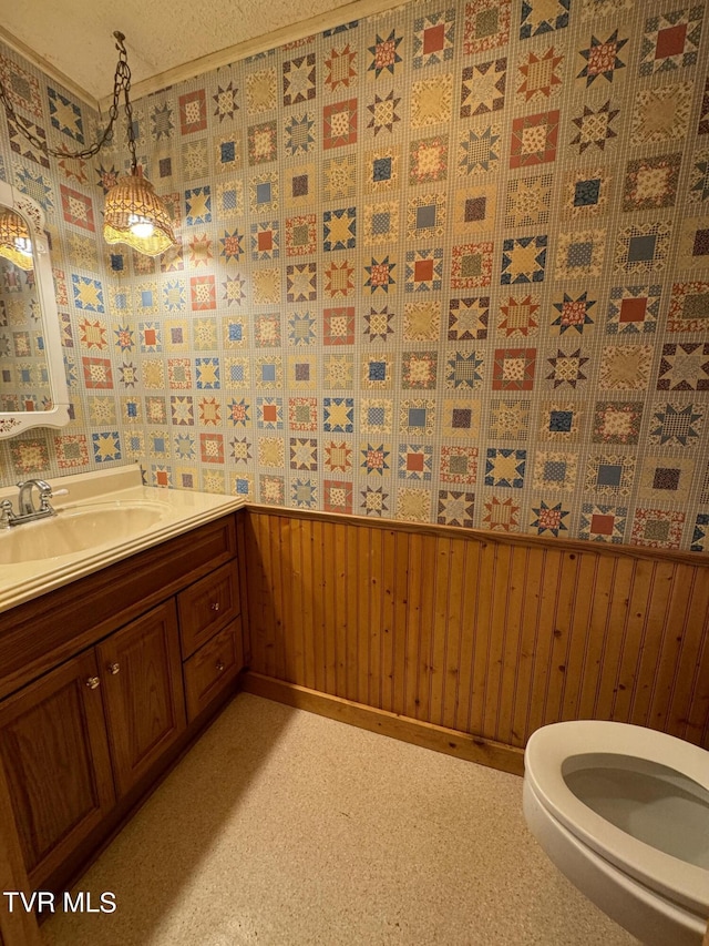 bathroom with vanity, a textured ceiling, toilet, and wooden walls