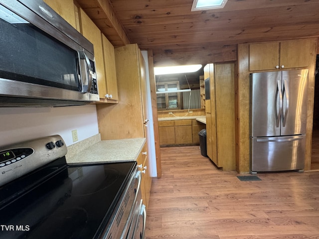 kitchen with appliances with stainless steel finishes, light wood-type flooring, and wooden ceiling