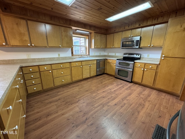 kitchen with a skylight, sink, wood-type flooring, wood ceiling, and appliances with stainless steel finishes