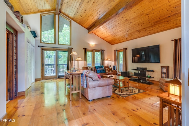 117 Lakeside Dr, Gray, TN 37615 - living room featuring beamed ceiling, high vaulted ceiling, wood ceiling, and light wood-type flooring