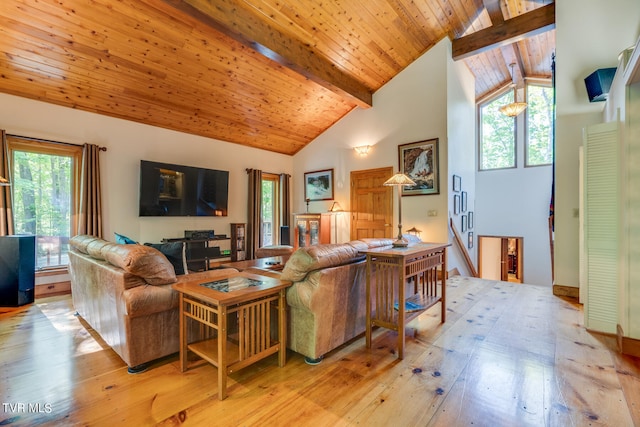 117 Lakeside Dr, Gray, TN 37615 - living room featuring beam ceiling, high vaulted ceiling, light hardwood / wood-style flooring, and wooden ceiling