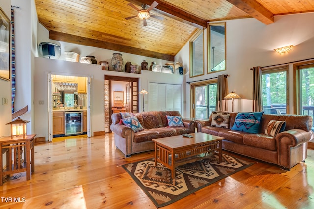 117 Lakeside Dr, Gray, TN 37615 - living room with light wood-type flooring, beverage cooler, high vaulted ceiling, and wooden ceiling