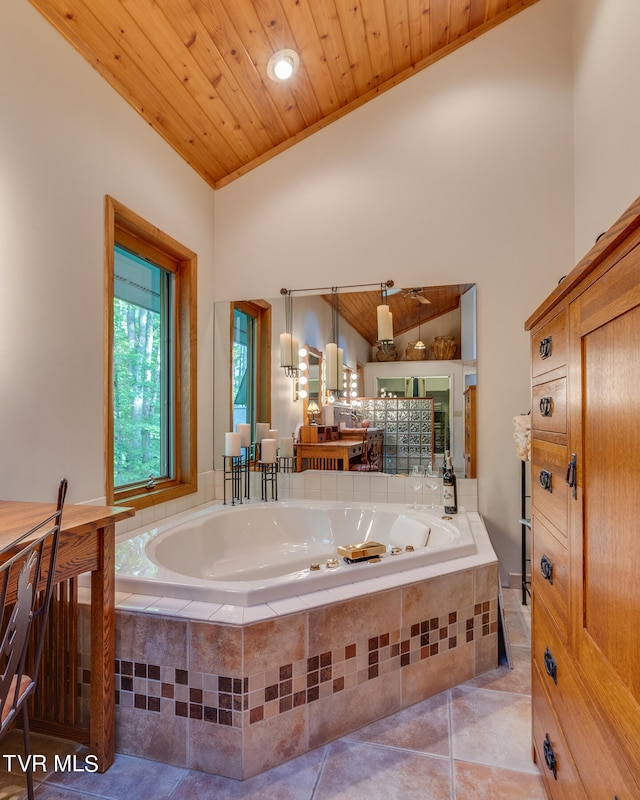 117 Lakeside Dr, Gray, TN 37615 - bathroom with a relaxing tiled tub, tile patterned flooring, wooden ceiling, and lofted ceiling