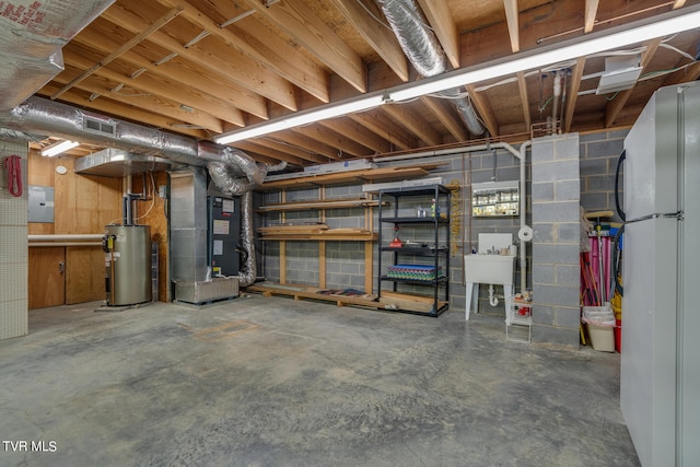 117 Lakeside Dr, Gray, TN 37615 - basement featuring heating unit, water heater, sink, white fridge, and electric panel