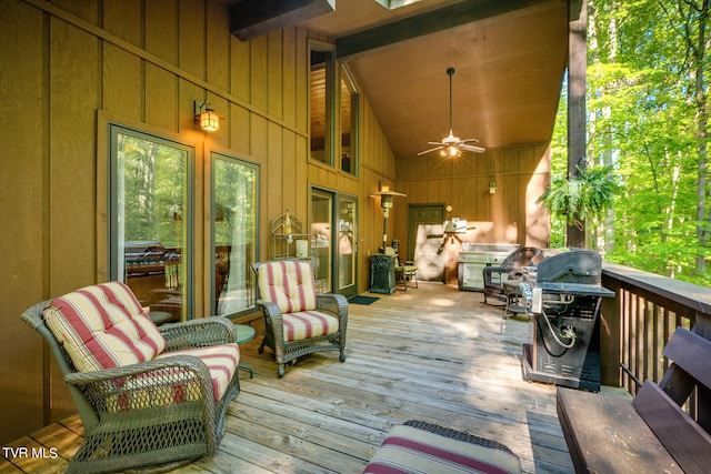 117 Lakeside Dr, Gray, TN 37615 - wooden deck with grilling area and ceiling fan