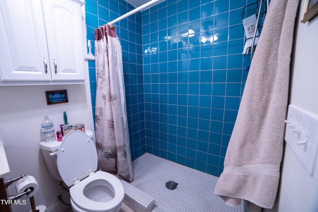 bathroom with toilet and a shower with shower curtain