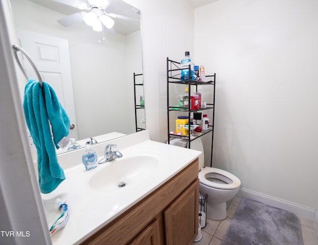 bathroom featuring toilet, tile floors, ceiling fan, and vanity