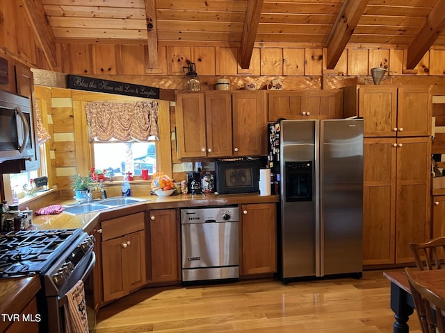 kitchen with sink, wooden walls, appliances with stainless steel finishes, wood ceiling, and light wood-type flooring