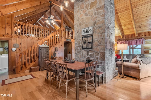 dining space featuring beam ceiling, washer / dryer, wooden ceiling, and high vaulted ceiling