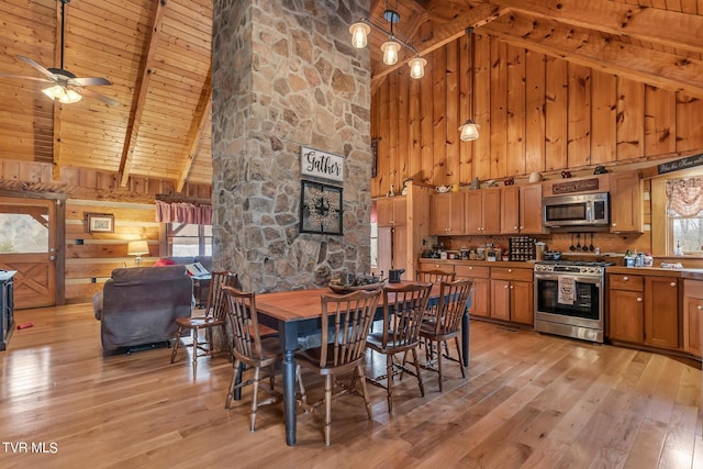 dining area featuring ceiling fan, beam ceiling, wooden ceiling, and high vaulted ceiling