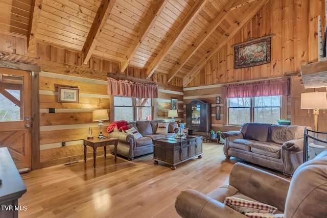 living room featuring beam ceiling, wooden ceiling, high vaulted ceiling, wood walls, and light wood-type flooring