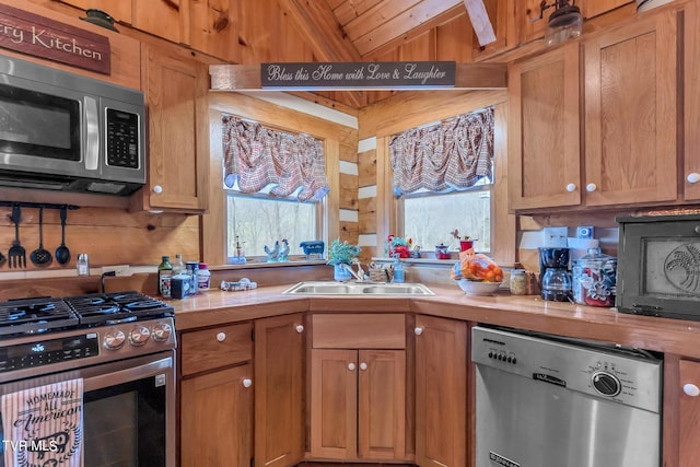 kitchen featuring sink, stainless steel appliances, and wooden walls