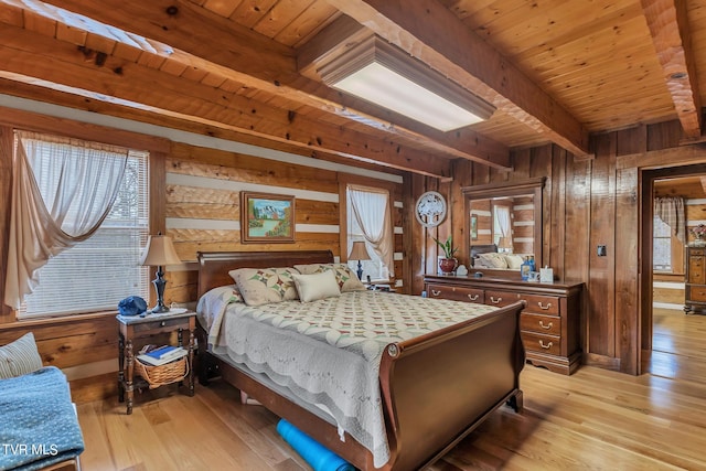 bedroom featuring beam ceiling, wooden ceiling, wooden walls, and light hardwood / wood-style floors