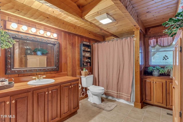 bathroom with beam ceiling, toilet, wood walls, and wood ceiling