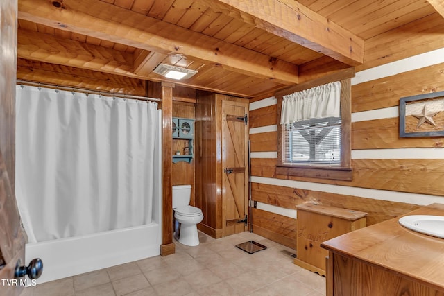 bathroom featuring vanity, toilet, wooden ceiling, and wood walls