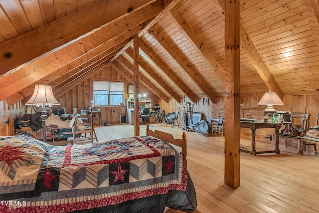 bedroom with lofted ceiling with beams, wood walls, wood-type flooring, and wood ceiling