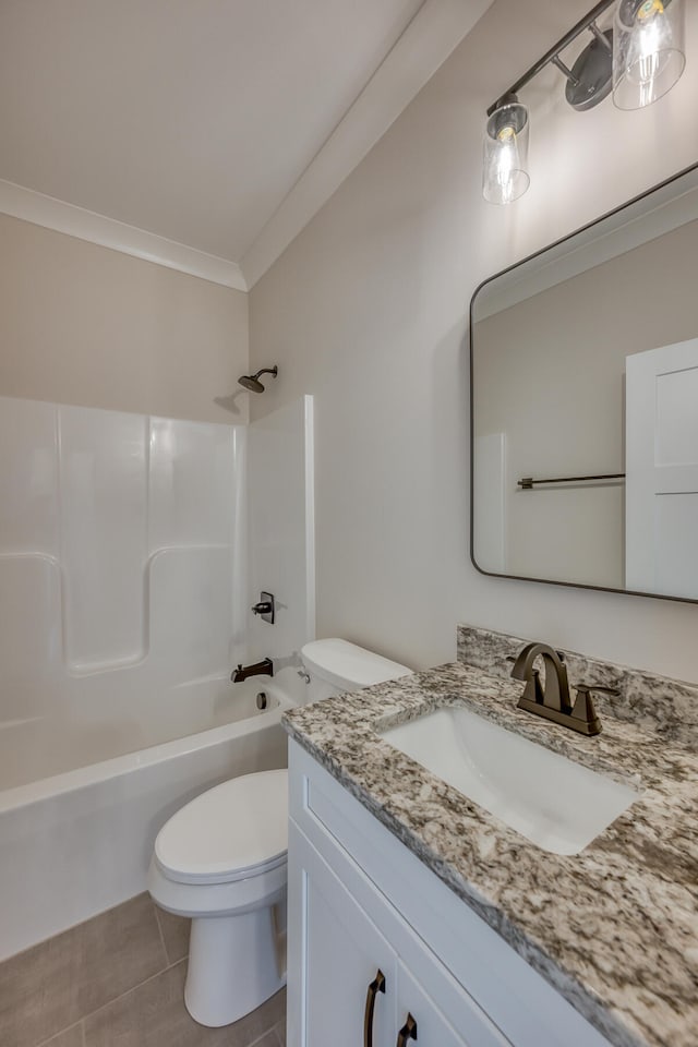 full bathroom featuring tile flooring, shower / bath combination, large vanity, toilet, and crown molding