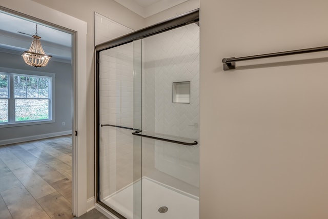 bathroom with walk in shower and hardwood / wood-style flooring