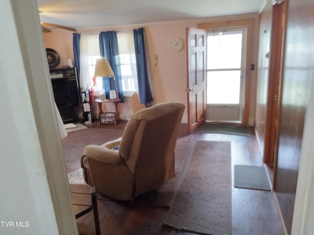 living room featuring ornamental molding and dark hardwood / wood-style floors