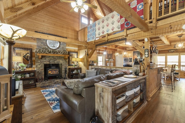 570 Stephen Brooks Rd, Greeneville, TN 37743 - living room with hardwood / wood-style floors, high vaulted ceiling, wooden walls, ceiling fan, and a wood stove