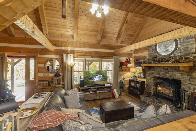 570 Stephen Brooks Rd, Greeneville, TN 37743 - living room featuring hardwood / wood-style floors, wooden ceiling, plenty of natural light, ceiling fan, and wooden walls