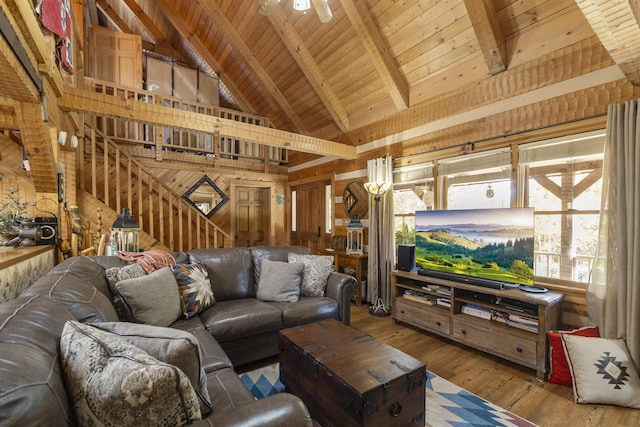 570 Stephen Brooks Rd, Greeneville, TN 37743 - living area with wood ceiling with exposed beams, hardwood / wood-style floors, high vaulted ceiling, and wooden walls