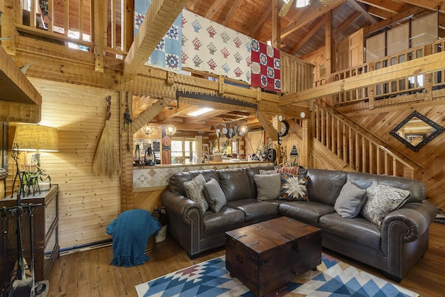 570 Stephen Brooks Rd, Greeneville, TN 37743 - living area featuring wooden walls, high vaulted ceiling, hardwood / wood-style floors, and wooden ceiling with exposed beams