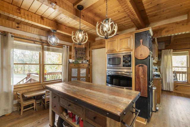 570 Stephen Brooks Rd, Greeneville, TN 37743 - kitchen featuring stainless steel appliances, wooden counters, a chandelier, wood ceiling with exposed beams, and light wood finished floors