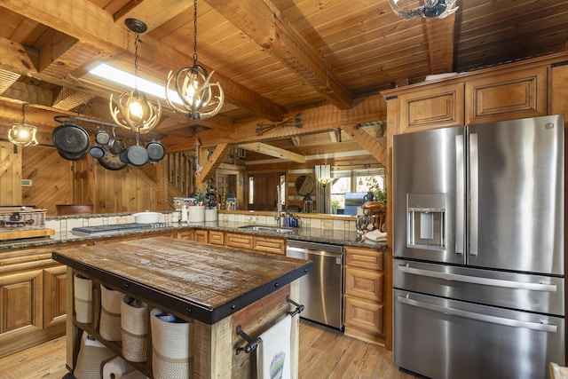 570 Stephen Brooks Rd, Greeneville, TN 37743 - kitchen with stainless steel appliances, butcher block counters, wooden ceiling with exposed beams, a sink, and light wood-type flooring