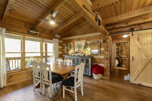 570 Stephen Brooks Rd, Greeneville, TN 37743 - dining area with a barn door, wood walls, wooden ceiling, hardwood / wood-style floors, and ceiling fan