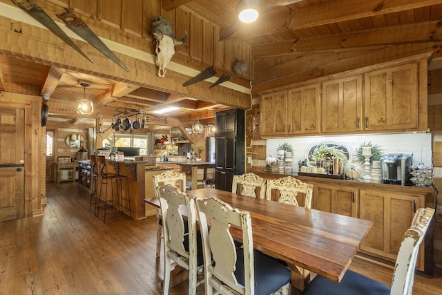 570 Stephen Brooks Rd, Greeneville, TN 37743 - dining area featuring hardwood / wood-style floors, wooden walls, and wooden ceiling with exposed beams