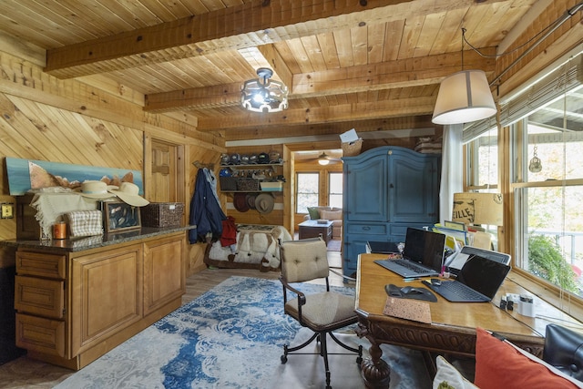 570 Stephen Brooks Rd, Greeneville, TN 37743 - home office with wooden ceiling with exposed beams, wood walls, and light wood-style floors