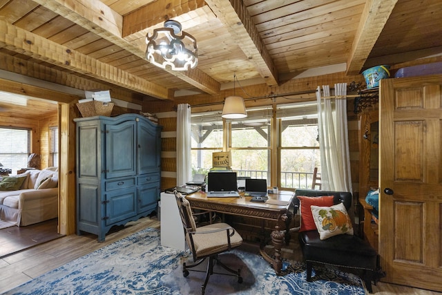 570 Stephen Brooks Rd, Greeneville, TN 37743 - home office with wood ceiling with exposed beams, wood finished floors, wood walls, and a chandelier