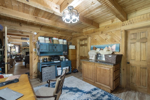 570 Stephen Brooks Rd, Greeneville, TN 37743 - office featuring wood ceiling with exposed beams, wooden walls, and light wood-type flooring