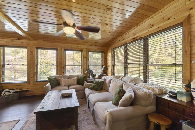 570 Stephen Brooks Rd, Greeneville, TN 37743 - living area featuring a ceiling fan, healthy amount of natural light, wood finished floors, wood walls, and lofted ceiling