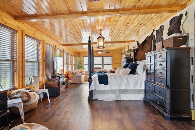 570 Stephen Brooks Rd, Greeneville, TN 37743 - bedroom with wooden ceiling with exposed beams, dark wood-style flooring, and wooden walls