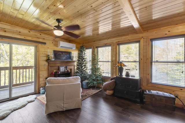 570 Stephen Brooks Rd, Greeneville, TN 37743 - living area featuring wood ceiling, an AC wall unit, hardwood / wood-style floors, wooden walls, and a ceiling fan