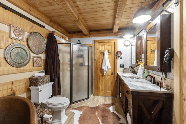 570 Stephen Brooks Rd, Greeneville, TN 37743 - bathroom with wooden ceiling with exposed beams, toilet, a shower stall, double vanity, and wooden walls