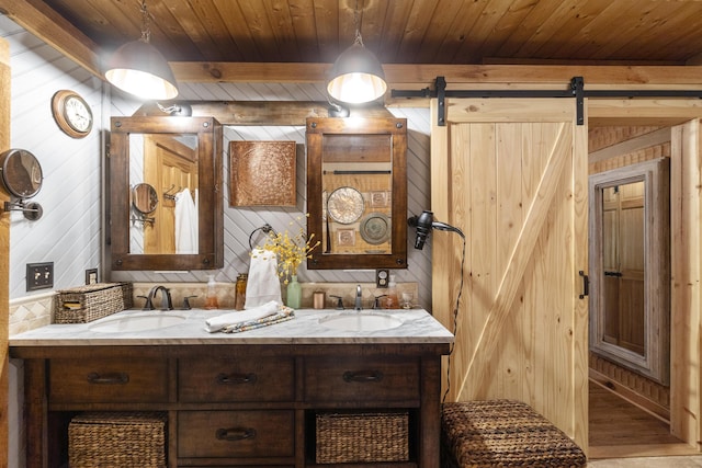 570 Stephen Brooks Rd, Greeneville, TN 37743 - full bath with double vanity, wood walls, and wood ceiling with exposed beams